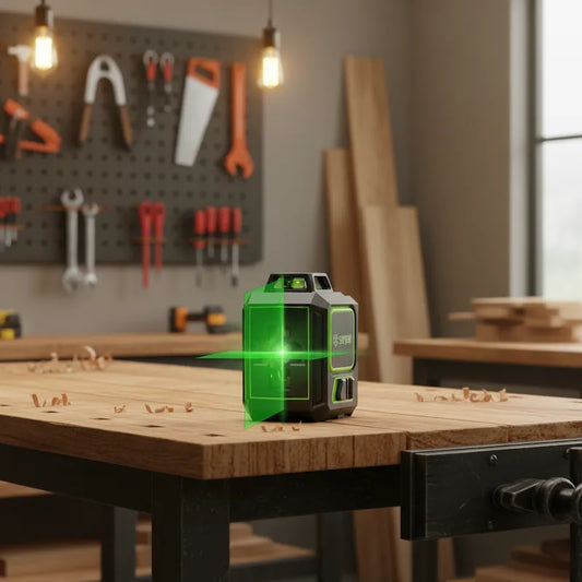 Niveau laser vert en atelier sur établi