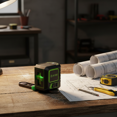 Niveau laser vert sur établi bois atelier