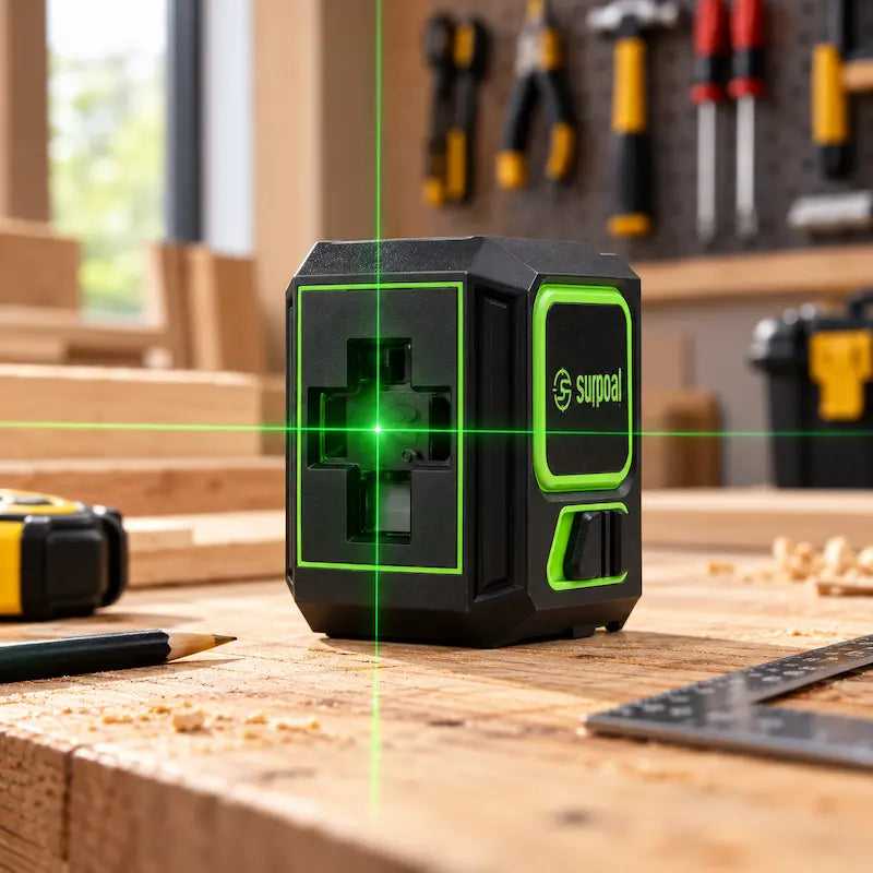 Niveau laser vert sur établi menuisier