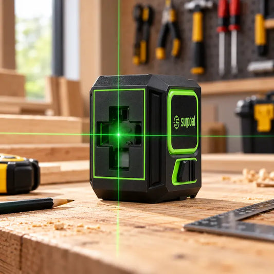 Niveau laser vert sur établi menuisier