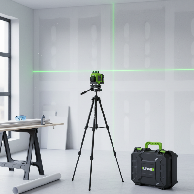 Niveau laser vert sur trépied chambre en rénovation