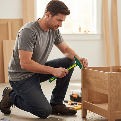 papa assemblant meuble chambre avec marteau