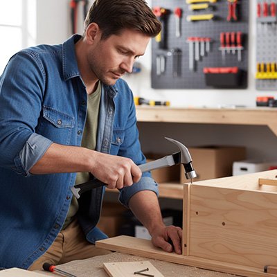 Papa construit base lit dans atelier avec marteau de menuisier
