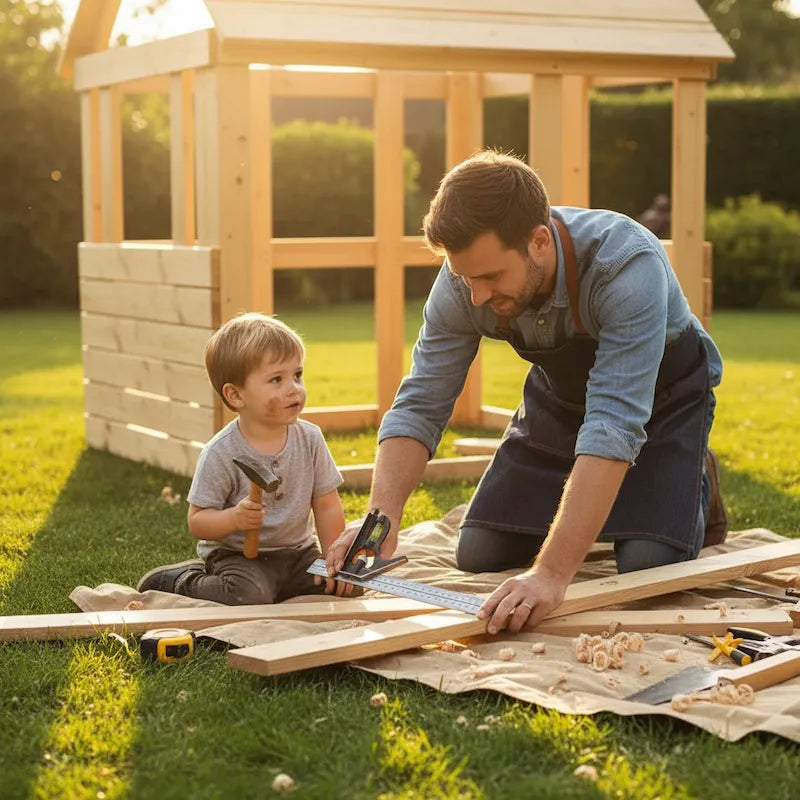 Père fils construit cabane avec equerre de tracage menuisier