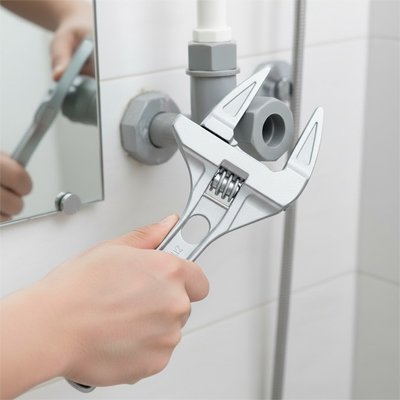 Plombier installe douche avec clé à molette grande ouverture