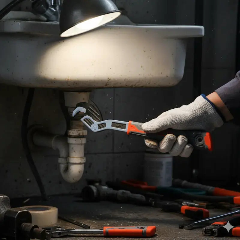 Plombier répare évier d'usine avec clé à griffe