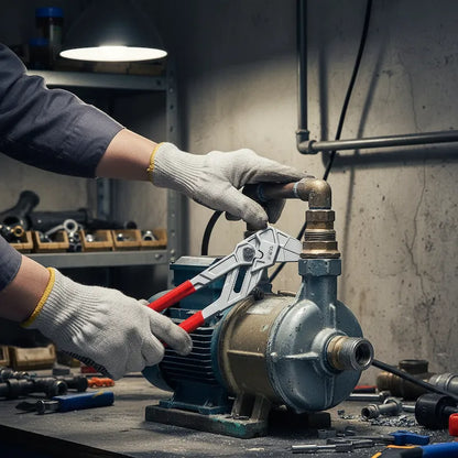 Plombier répare pompe eau avec pince  a pompe