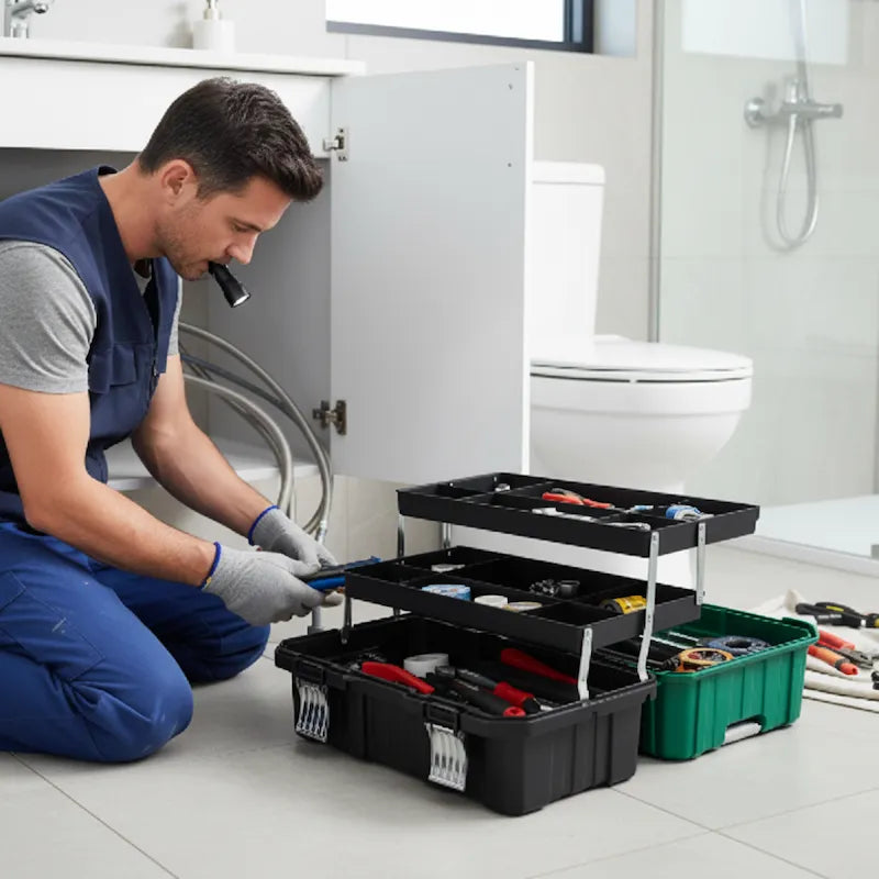 Plombier travaillant avec sa boite a outils