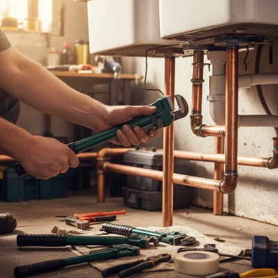 Plombier utilisant une clé a griffes pour tuyaux