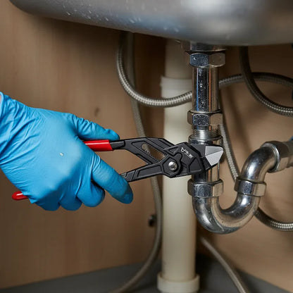 Plombier utilise pince a pompe pour réparer tuyauterie