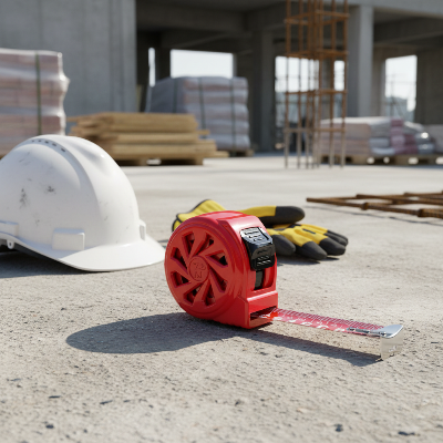 Ruban metre rouge au sol sur chantier