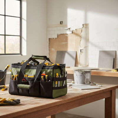 Sac a outil sur table dans cuisine rénovation