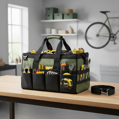 Sac a outil sur table dans garage organisé