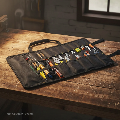 Sac a outils déroulé déposé sur établi