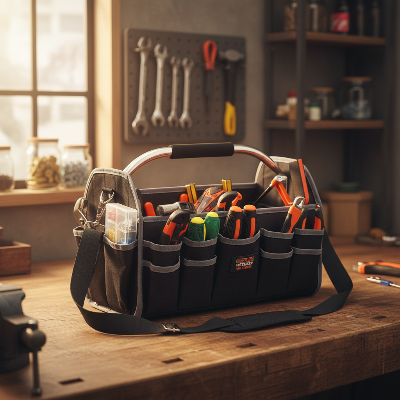 Sac a outils electricien bien organisé sur établi dans atelier