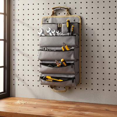 Sac a outils gris accroché mur atelier