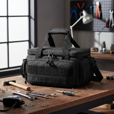 Sac à outils noir présenté sur établi