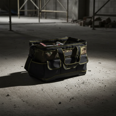 Sac à outils ouvert sur sol chantier