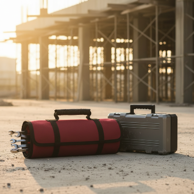Sac a outils rouge près d'une caisse à outils