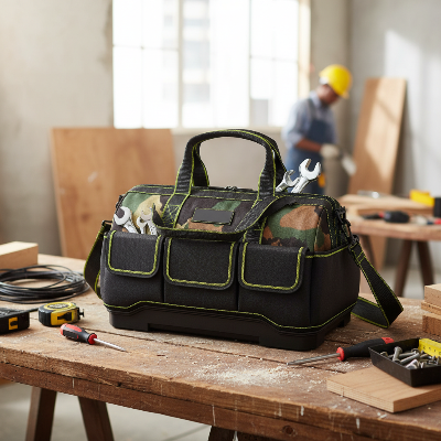 Sac à outils sur établi sur chantier construction
