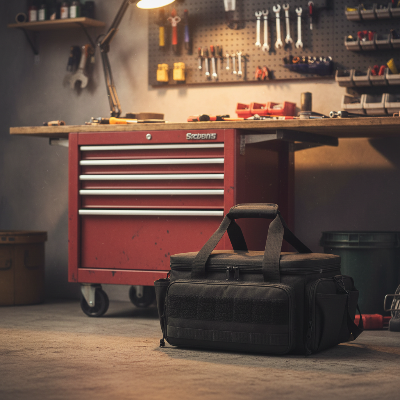 Sac à outils sur plancher de garage