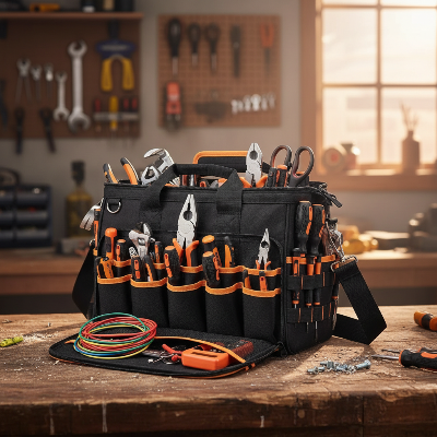 sac a outils sur table établi rempli outils