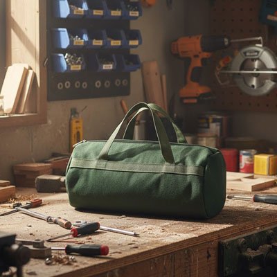 Sac a outils vert présent sur établi