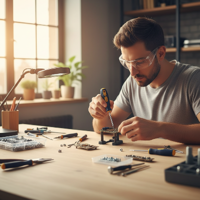 Technicien atelier répare électronique avec tournevis plat