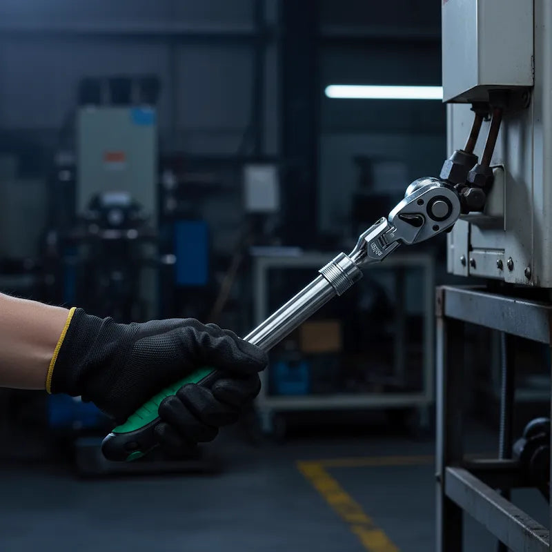Technicien atelier utilise clé à cliquet pour réparer machine