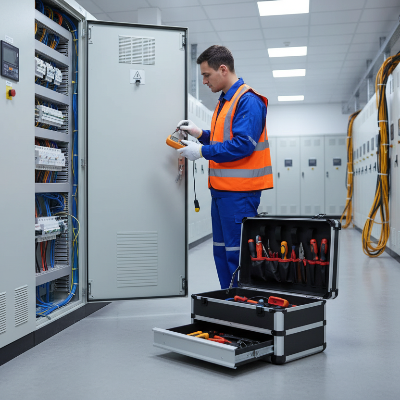 Technicien de maintenance en salle électrique avec boite à outils