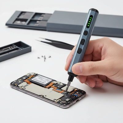 Technicien répare cellulaire avec tournevis dynamométrique sur table blanche