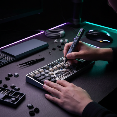 Technicien répare clavier avec tournevis dynamométrique