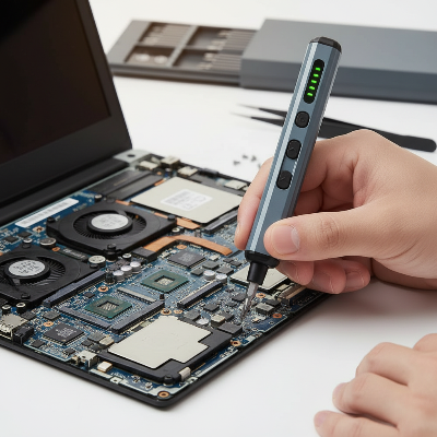 Technicien répare portable avec tournevis dynamométrique sur table blanche