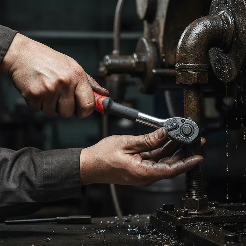 Technicien répare tuyauterie industrielle avec coffret à douilles