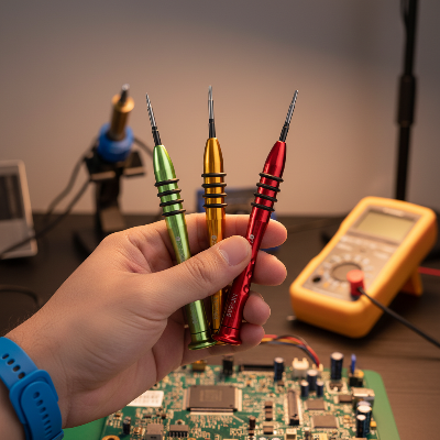 Technicien tenant les tournevis triwing entre ses mains