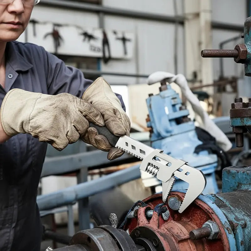Technicienne utilise cle a griffe pour travailler