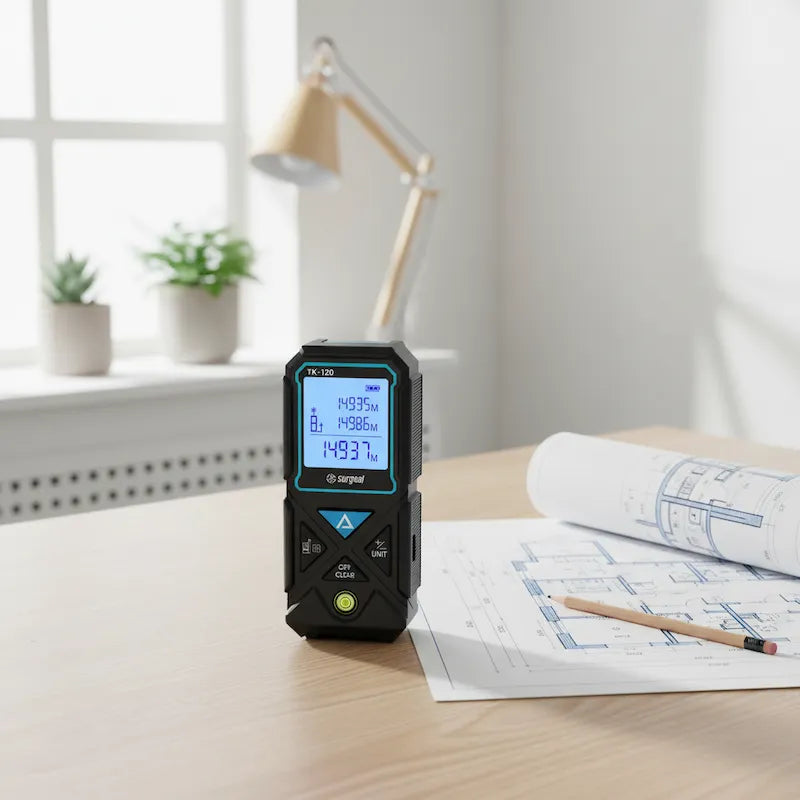 Télémètre laser rechargeable sur bureau bois clair