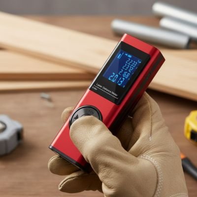 Télémètre laser rouge dans main bricoleur