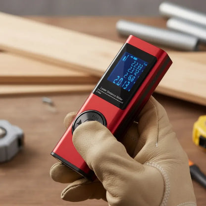 Télémètre laser rouge dans main bricoleur