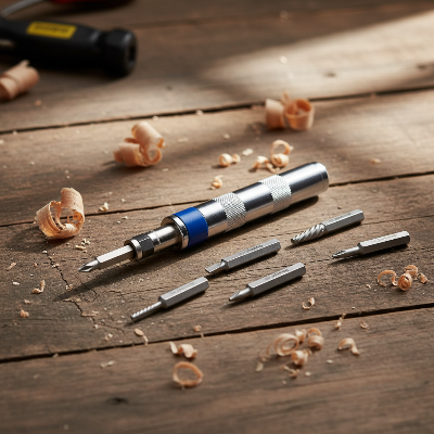 Tournevis avec multi embout sur établi bois