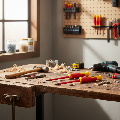 Tournevis isole sur établi bois autres outils