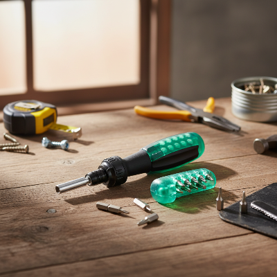 Tournevis multi embouts sur établi bois dans atelier travail
