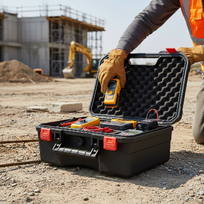 Travailleur chantier avec boite a outils sur le sol