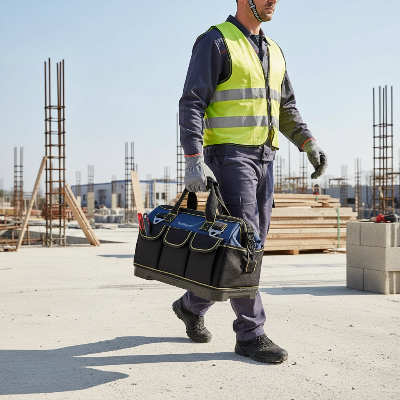 Travailleur chantier se déplace avec sac à outils