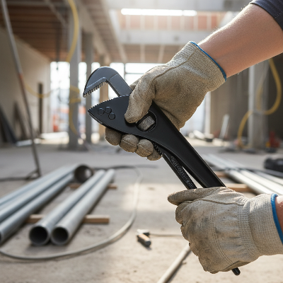 Travailleur chantier tient cle a griffe entre ses mains
