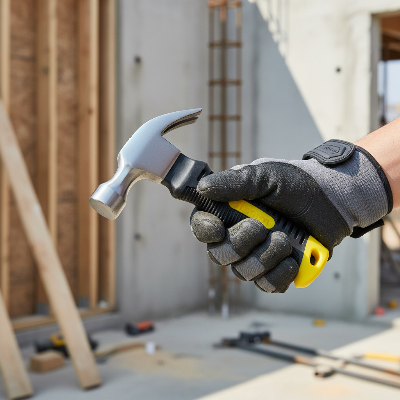 Travailleur chantier tient petit marteau avec gant