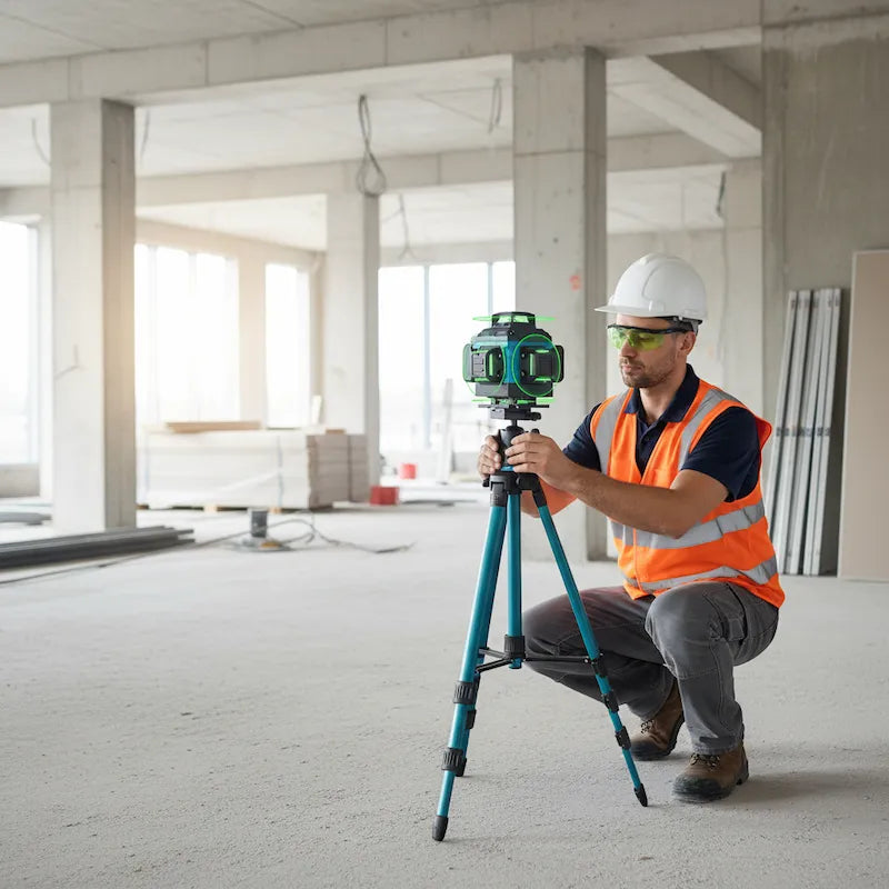 Travailleur chantier utilise niveau laser 360