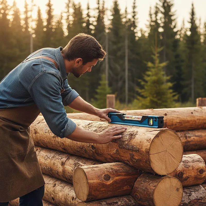 Travailleur construit chalet bois rond avec niveau de précision à bulle