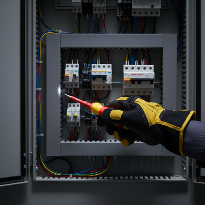 Travailleur maintenance utilise tournevis électricien pour panneau électrique