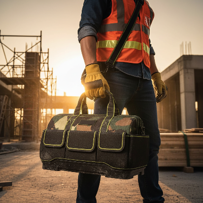 Travailleur marche avec sac à outils sur chantier